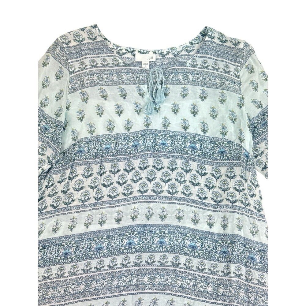 J Jill Blue Floral Print Tunic Dress Tassel Tie Top Size M Petite Cover Up - Picture 3 of 9